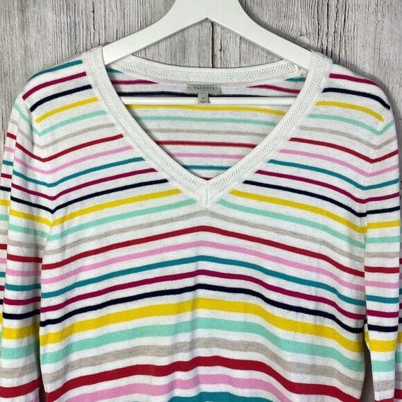 Women's Talbots New Multi Color Striped V Neck Long Sleeve Sweater Size M 292 - Picture 2 of 10